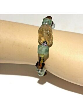 Sea Glass Beaded Bracelet With Sterling Silver Clasp Green Brown Boho Artsy